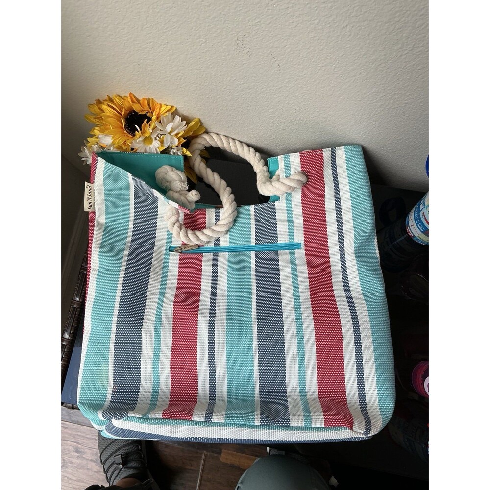 SUN 'N' SAND Dream Striped Canvas Beach Tote Bag Rope Handles - EUC